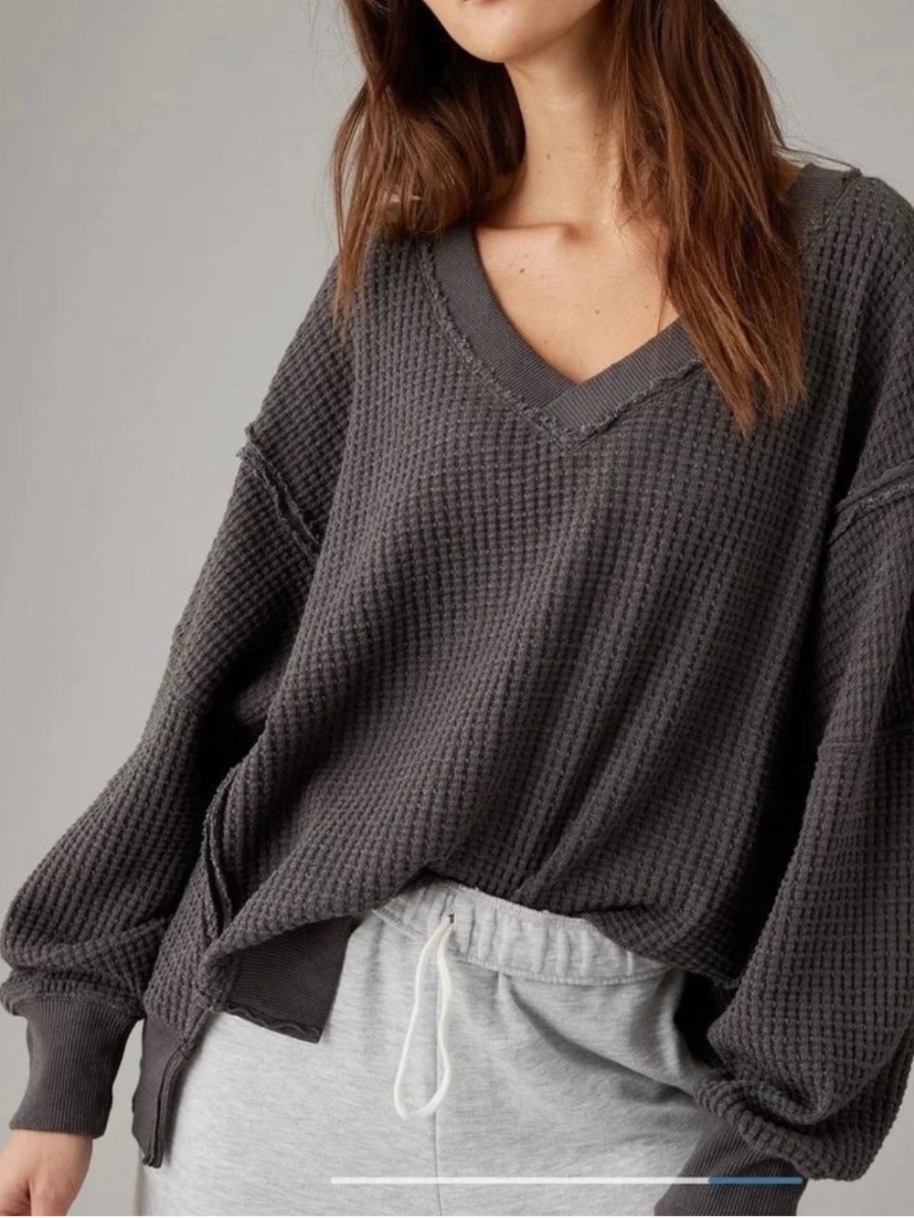American Eagle Charcoal Oversized Waffle V-Neck Sweater
